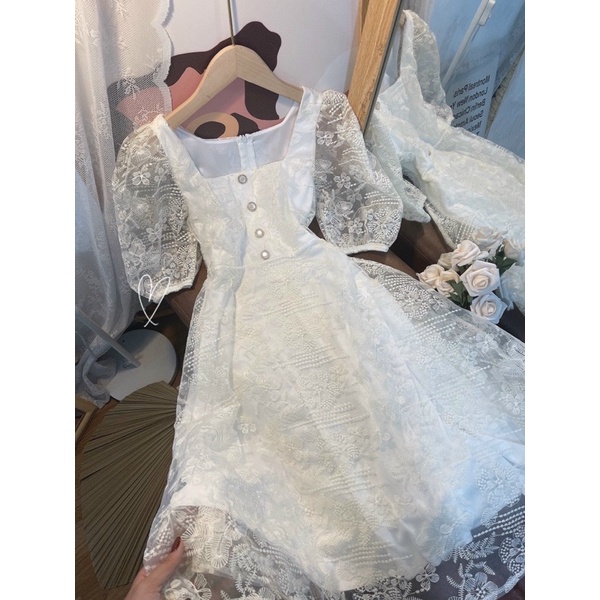 ĐẦM MIDI REN NÚT TAY LỠ