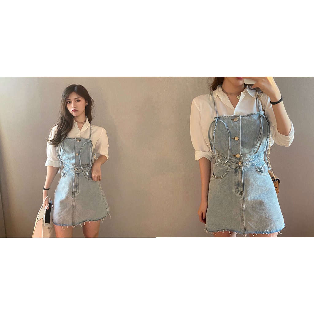 Đầm Yếm Denim Hai Dây Dáng Chữ A Phong Cách Hàn Quốc Chất Lượng Cao