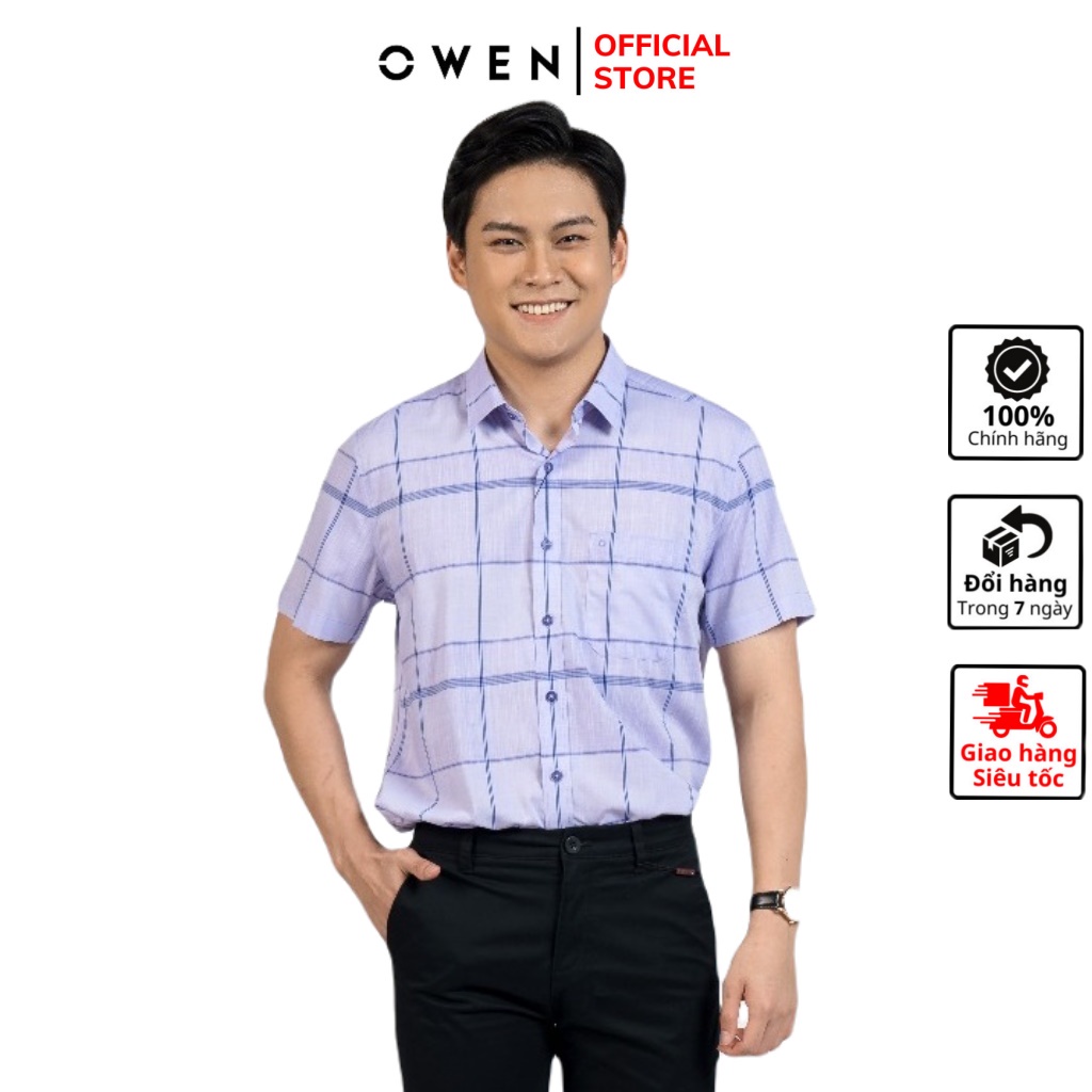 Áo sơ mi nam ngắn tay OWEN AR220015NT somi công sở vải sợi tre cao cấp màu kẻ caro tím trắng dáng suông tà lượn có túi