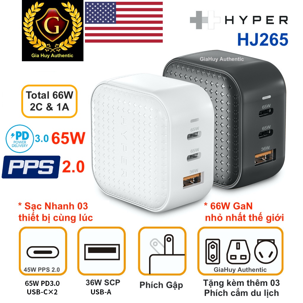Củ sạc nhanh HYPERJUICE HJ265 66W GaN 2C-1A PD/PPS 2.0 65W