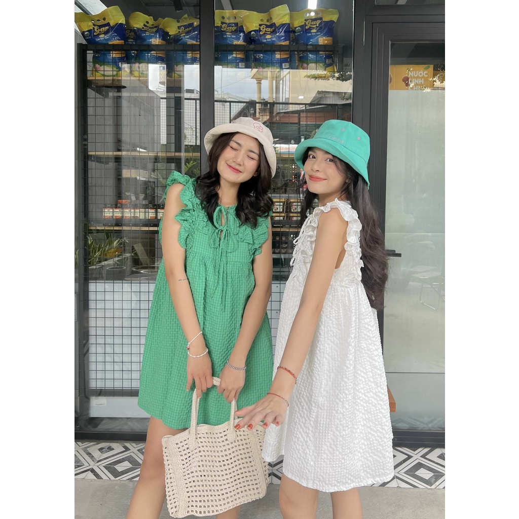 Sibling House - Đầm babydoll vải xốp phối bèo nhún cột dây nơ ngực nhiều màu TINA DRESS