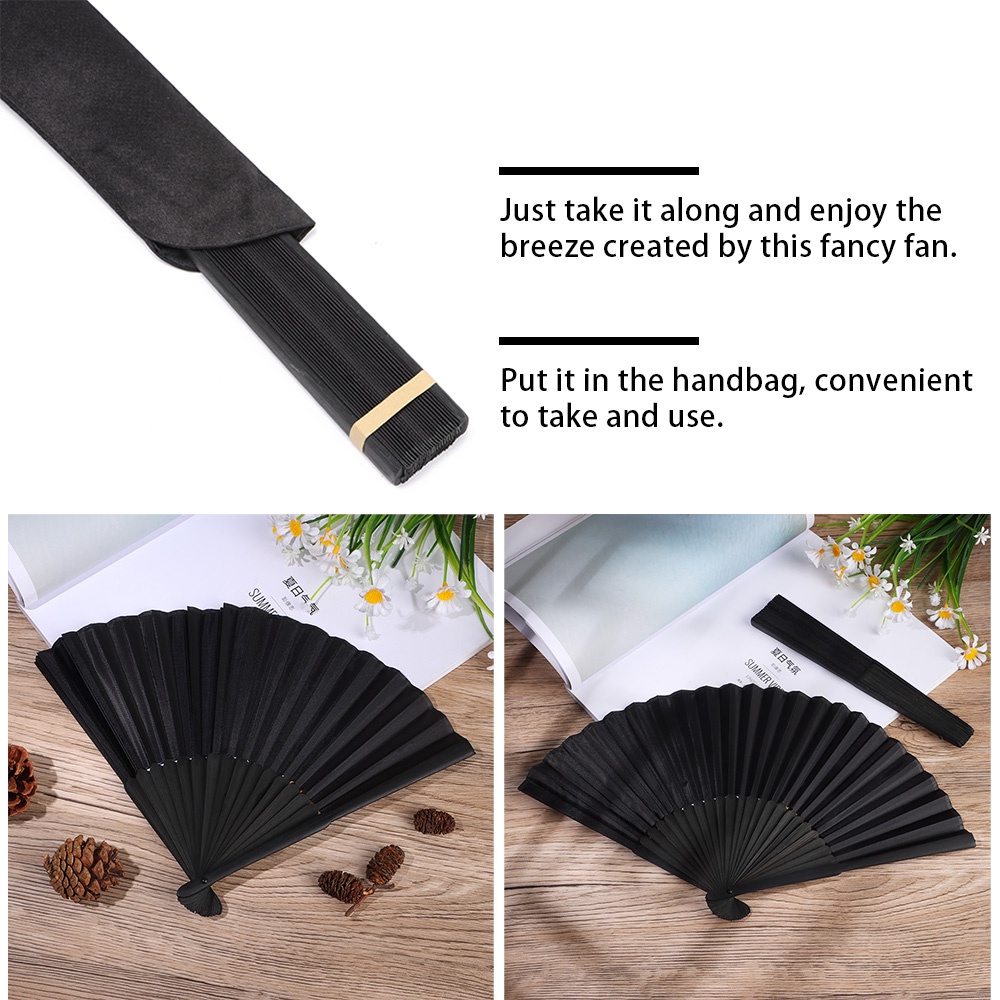 Quạt xếp bằng lụa màu đen kích thước 8.27" phong cách Trung Hoa