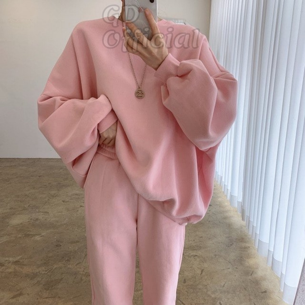 N1|Set bộ nỉ cổ tròn nữ áo hoodie bông dày dặn, quần thun cạp lưng cao co giãn suông rộng GD Official
