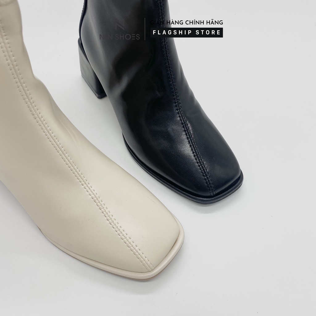 Giày Boot nữ 3p gót vuông chỉ gchéo kéo khóa sau da si Ninshoes | BigBuy360 - bigbuy360.vn