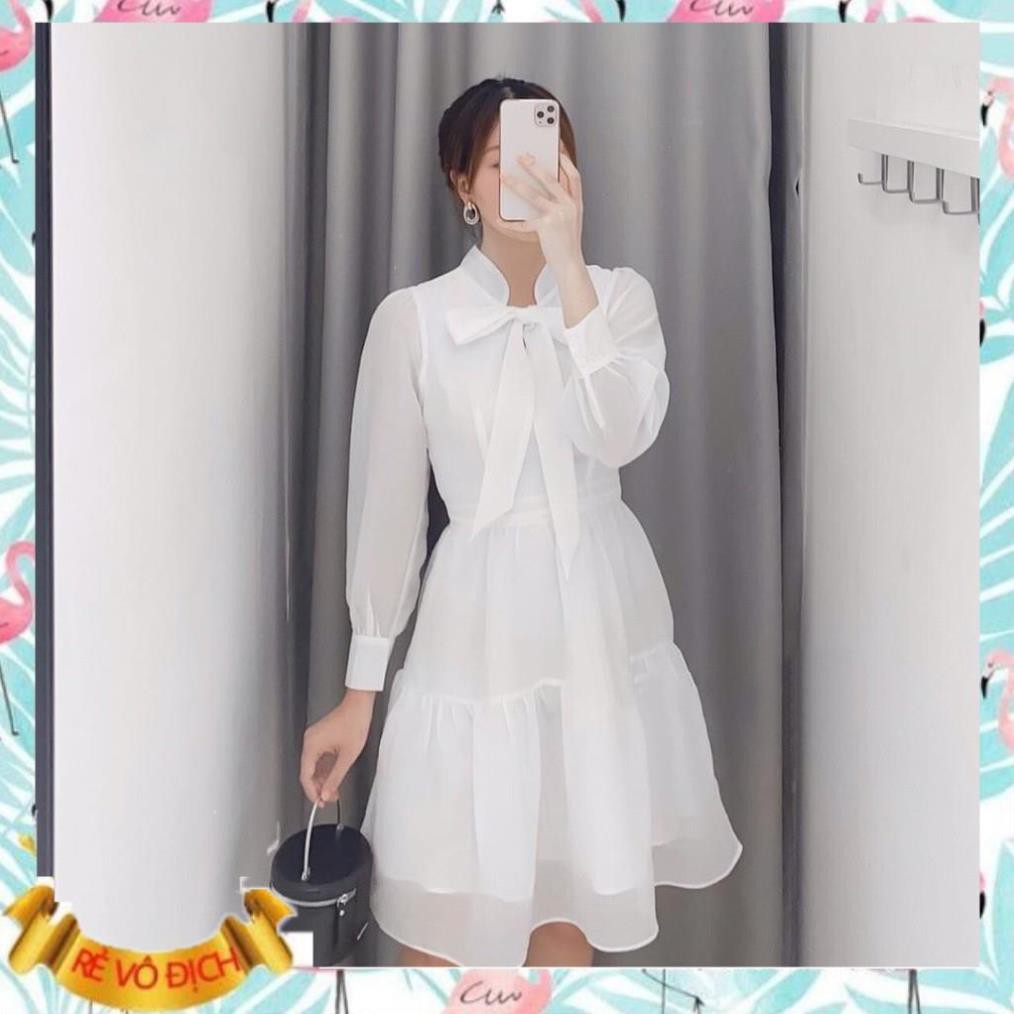 Đầm công sở trắng xanh nơ ngực tơ tầng xinh xắn - Moly dress | BigBuy360 - bigbuy360.vn