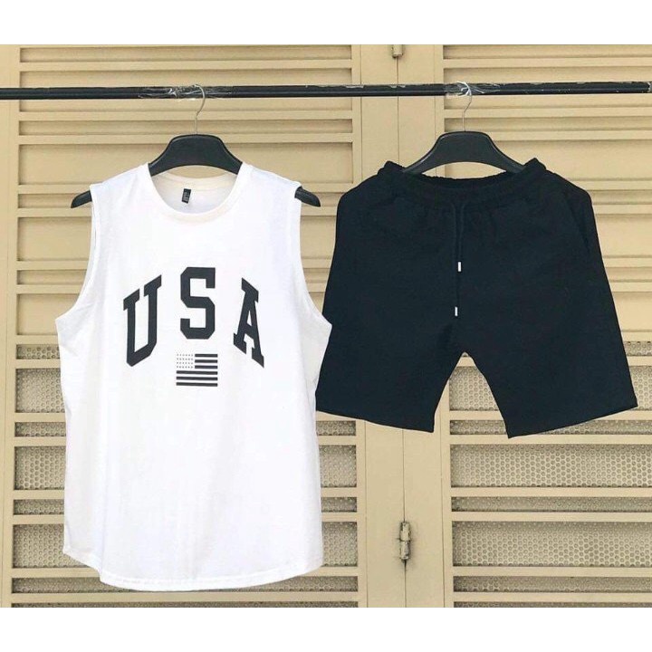 Bộ mặc nhà USA sát nách chất thun mè cao cấp bigsize dành cho nam nữ mặc nhà ngủ thể thao tập gym du lịch đi biển CHP