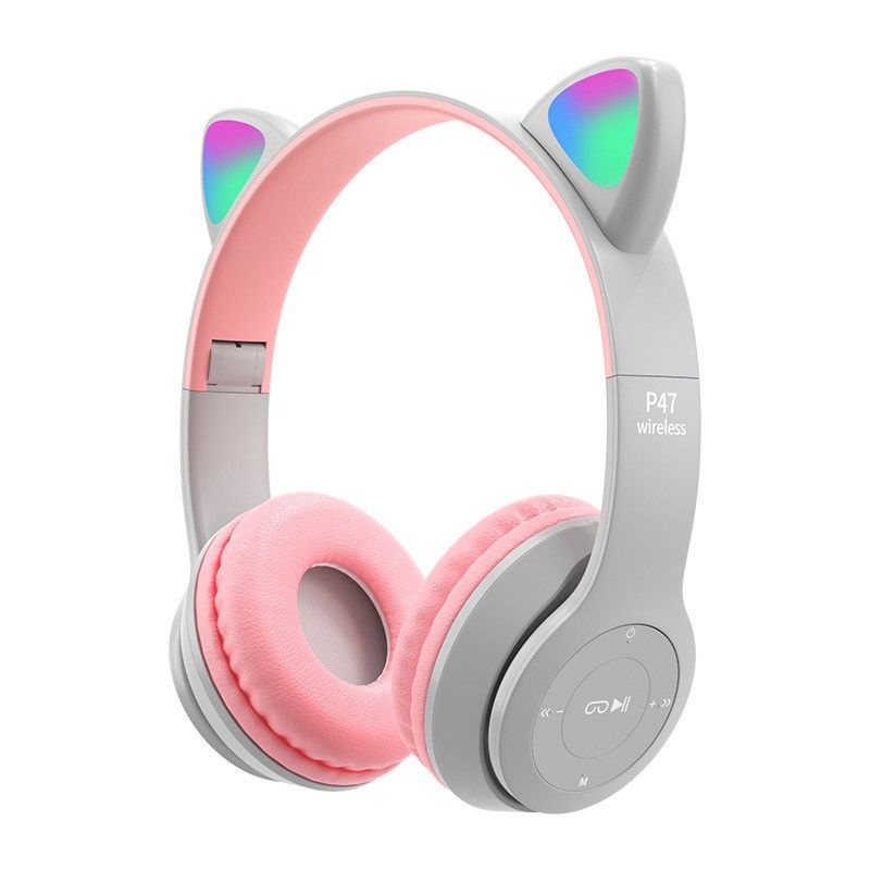Tai nghe bluetooth P47 / P247, tai nghe mèo đèn led đổi màu có khe cắm thẻ nhớ