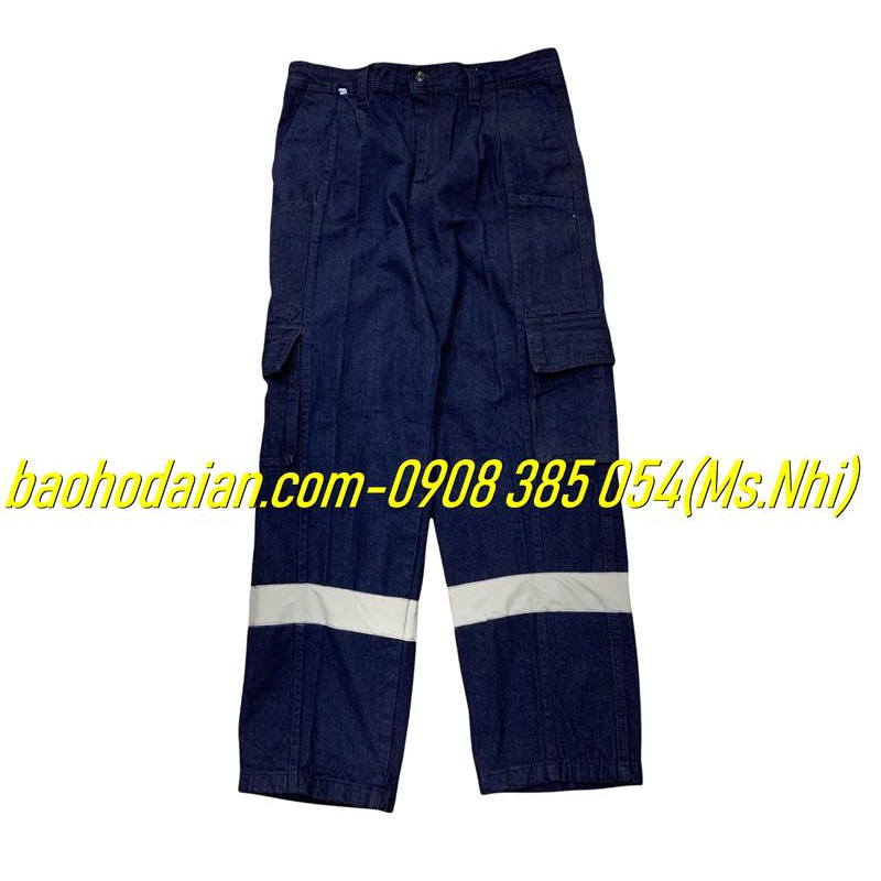 Quần jean điện lực may kèm phản quang poly xám- Hình thật