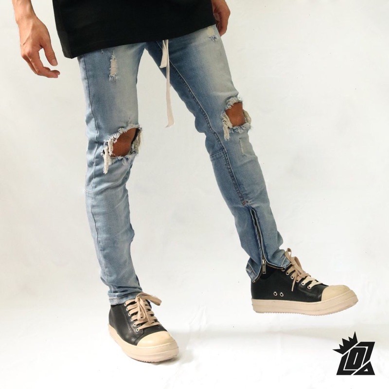 Quần jean nam Streetwear DATINO rách gối form Skinny co giãn ống khóa Zipper, bền màu