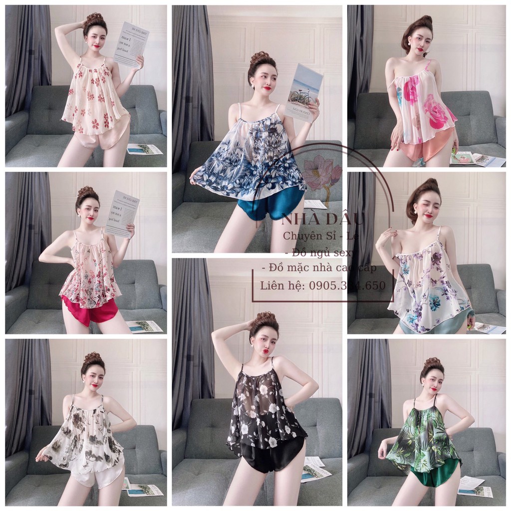 Set đùi 2 dây lụa chiffon phối quần satin mỏng manh siêu quyến rũ form 40-56kg