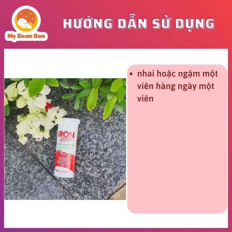 sắt ngậm Iron Melts Chewable vị dâu 50 viên của Úc Bổ Sung Sắt, Acid Folic, Vitamin B12 Và Vitamin C - mẹ bean bon