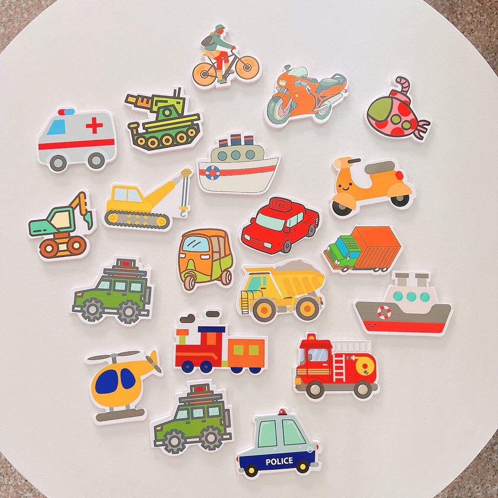 Bộ phương tiện giao thông có nam châm dùng cho bảng từ hoặc dán tủ lạnh, sticker cho bé