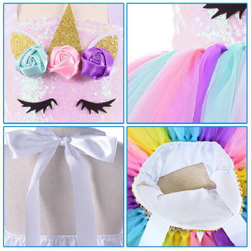 Unicorn girl Cosplay Girls Dress Rainbow Pattern Halloween Party Dress Hair Band Suit kid gift