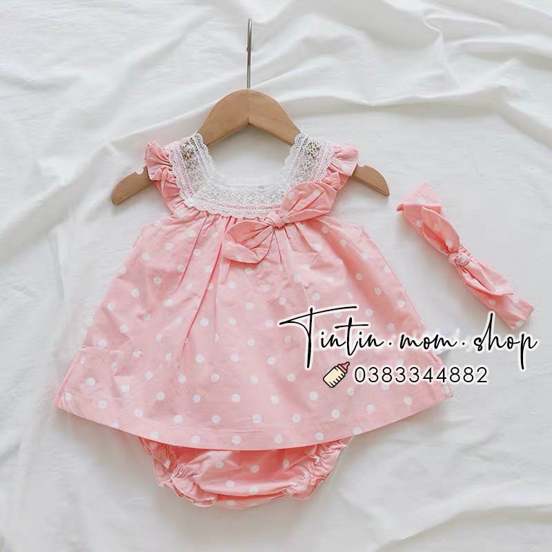 Set váy thô lụa chấm bi Vlinder kèm nơ cho bé gái