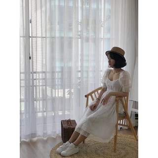 Đầm tay phồng kẻ sọc midi
