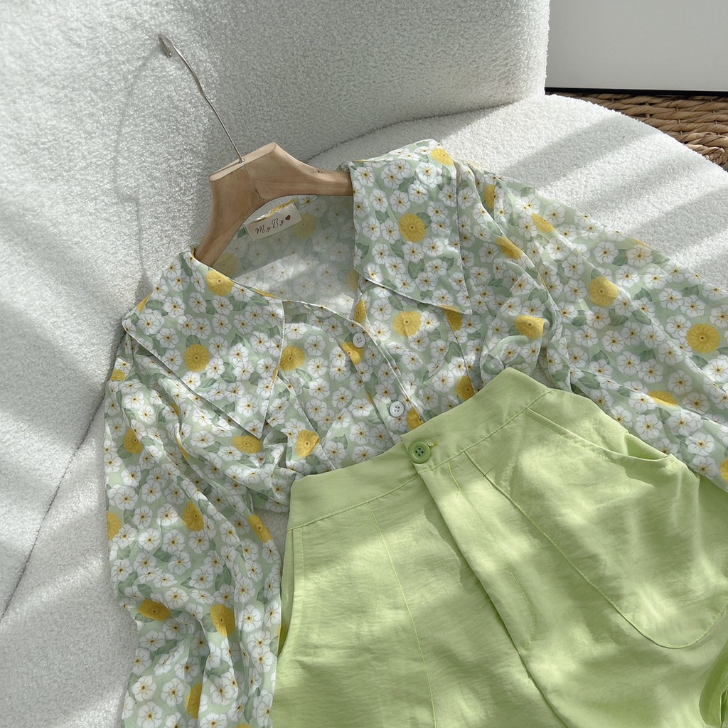 Set Sơ mi hoa + quần ngắn xanh bơ 2 món siêu xinh mùa hè SOBEH