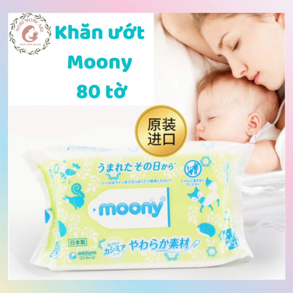 Khăn ướt Moony nội địa Nhật không mùi, chiết xuất từ trà xanh dưỡng ẩm, ngăn vi khuẩn và chống hăm cho bé, gói 80 tờ