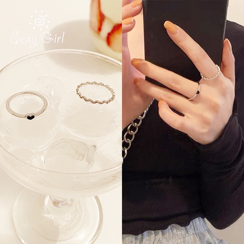 Nhẫn Đính Đá Zircon Hình Trái Tim Màu Đen Phong Cách Hàn Quốc Sang Trọng Cá Tính Dành Cho Nữ