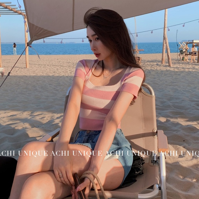 SUXI Áo Thun Dệt Kim Ngắn Tay Cổ Vuông Họa Tiết Kẻ Sọc Thời Trang Mùa Hè Ngọt Ngào Cho Nữ