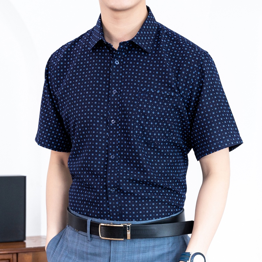 Áo Sơ Mi Nam Công Sở Trung Niên Anton Xanh Tím Than Ngắn Tay Vải Cotton Họa Tiết Hoa Nhí – 809