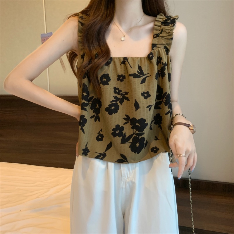 Áo không tay IELGY dáng rộng in hoa kiểu Pháp xinh xắn cho nữ