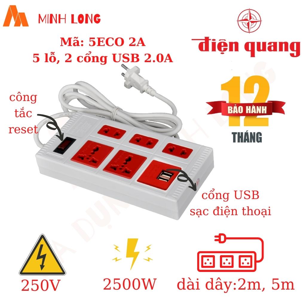 [TỔNG HỢP] Ổ cắm Điện Quang 3 lỗ - 4 lỗ - 5 lỗ - 6 lỗ - 8 lỗ, 2USB - Ổ điện chịu tải cao, dây dài 2m, 5m chính hãng