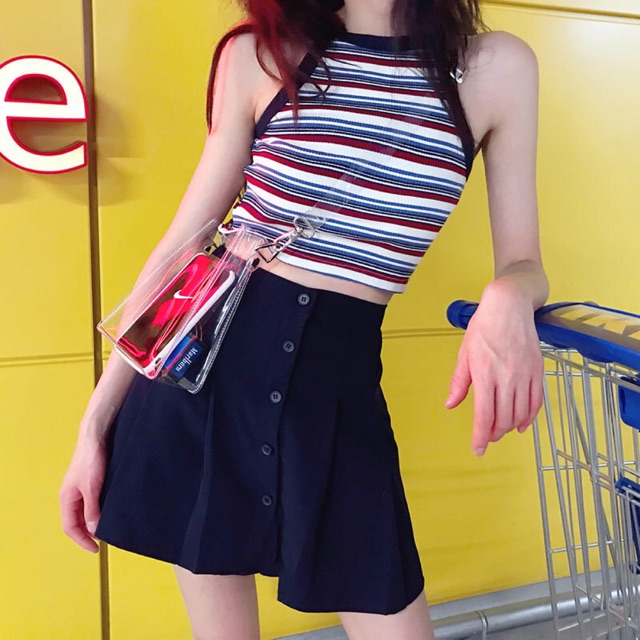 Sẵn_ Áo croptop ba lỗ kẻ nữ
