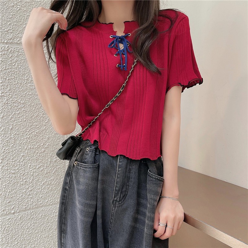 Áo dệt kim NZN tay ngắn dáng ôm cột dây đơn giản phong cách Hàn Quốc dành cho nữ