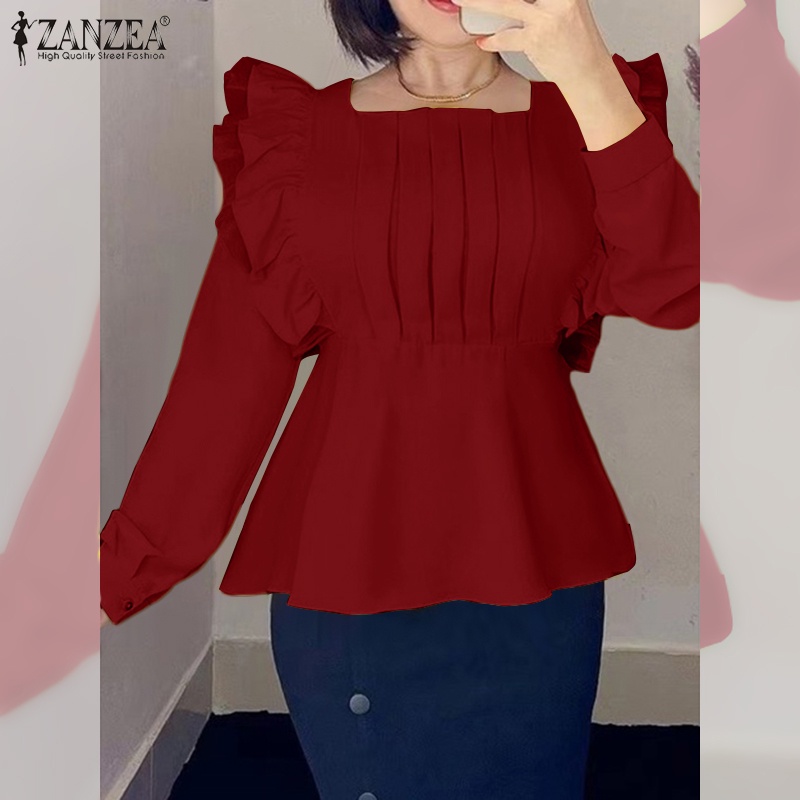 Áo ZANZEA cổ vuông màu trơn phối bèo thời trang Châu Âu cho phái nữ
