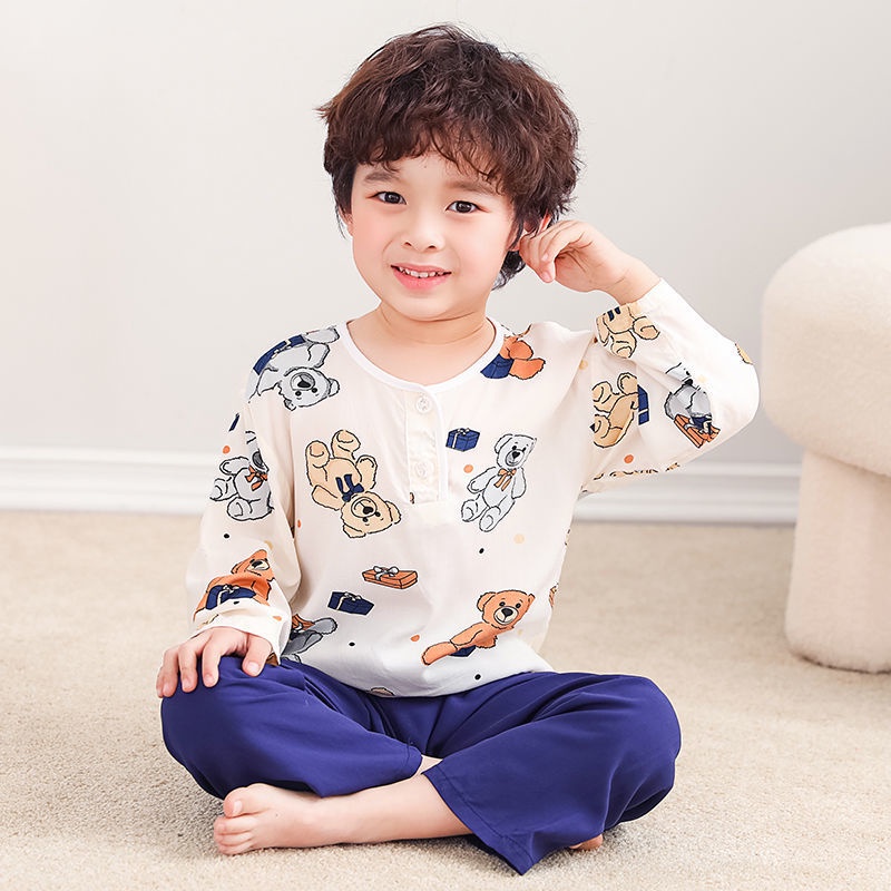 Bộ Đồ Ngủ Bằng Lụa cotton Lụa Mỏng Tay Dài Thời Trang Dành Cho Bé Trai