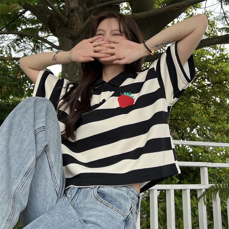 Áo Thun POLO Dệt Kim Tay Ngắn Dáng Rộng Kẻ Sọc Cá Tính