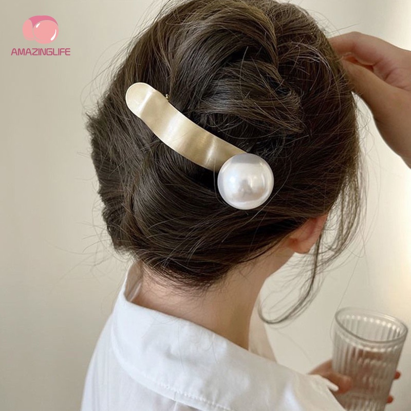 Kẹp Tóc Đính Ngọc Trai Bằng Kim Loại Màu Vàng/Bạc/Bạc Thiết Kế Hình Học Thanh Lịch Thời Trang Cho Nữ