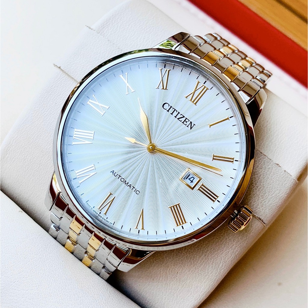 Đồng hồ Nam Citizen Automatic NJ0084-59A Demi vàng,Mặt trắng,Lịch ngày,Kính Sapphire-Máy cơ-Dây thép cao cấp-Size 42mm