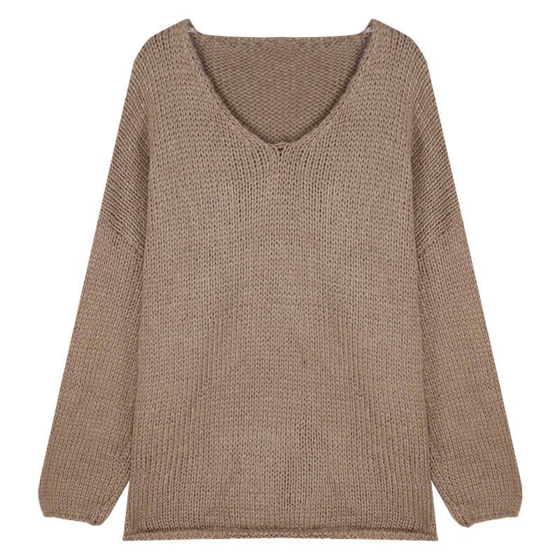 QKOOLE  Áo Dệt Kim Nữ Tay Dài Cổ Chữ V Xẻ Tà Phong Cách Hàn Quốc