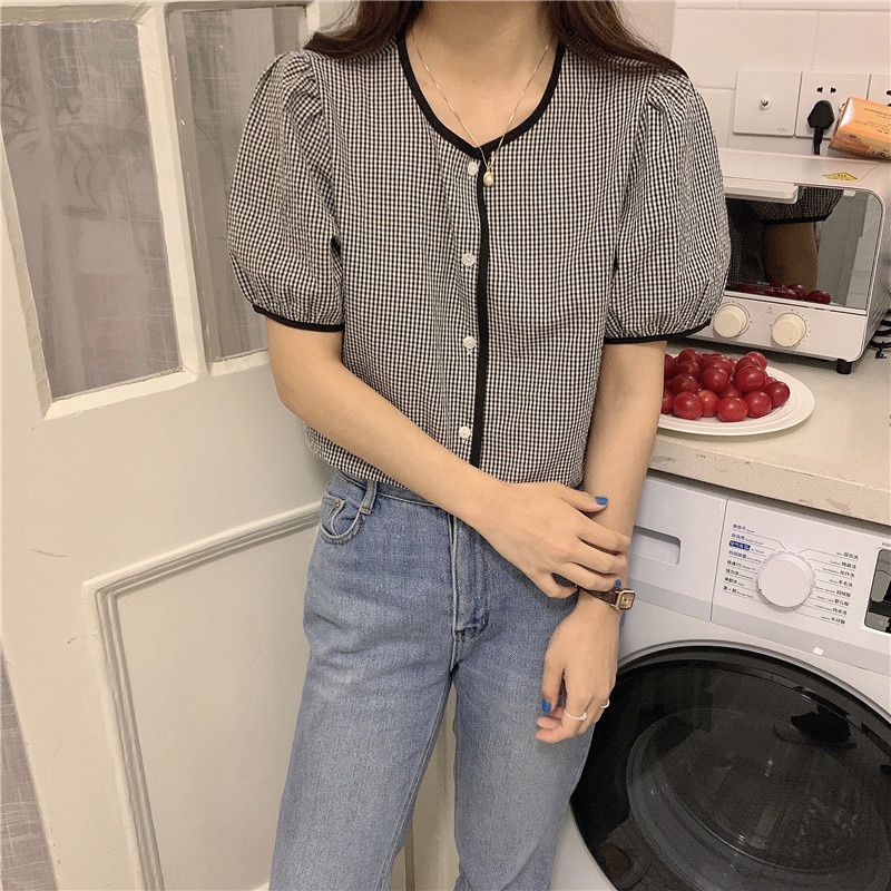 SUXI Áo Kiểu Tay Ngắn Cổ Tròn Kẻ Sọc Ca Rô Thời Trang Mùa Hè Dành Cho Nữ