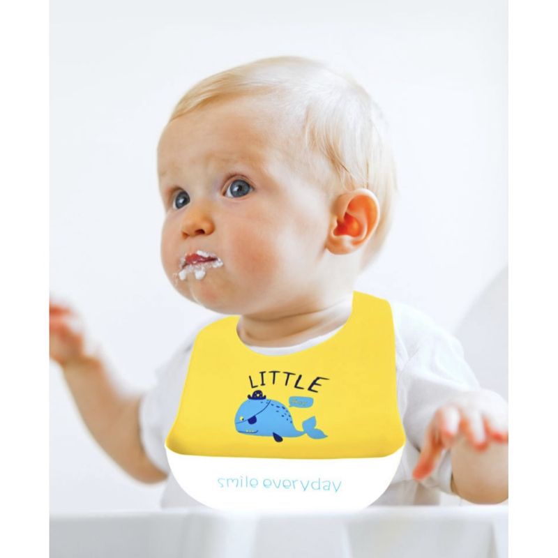 Yếm Ăn Dặm Silicon Dẻo Có Máng Hứng, An Toàn, Sạch Sẽ, Tiện Lợi Cho Bé