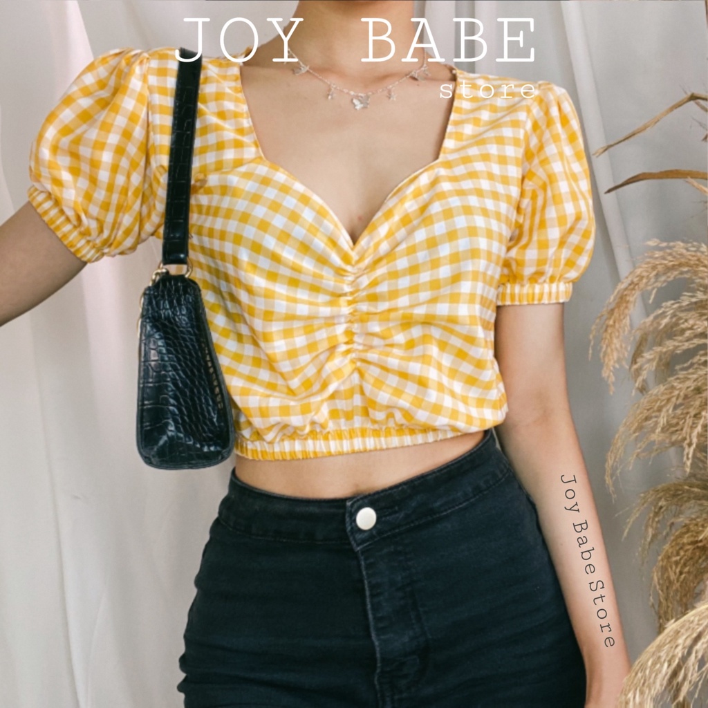 Áo croptop voan sọc caro điệu đà JOY BABE gam màu pastel nhẹ nhàng  tay bồng nhún ngực xinh kiểu ca rô ro CRON 119 -5A