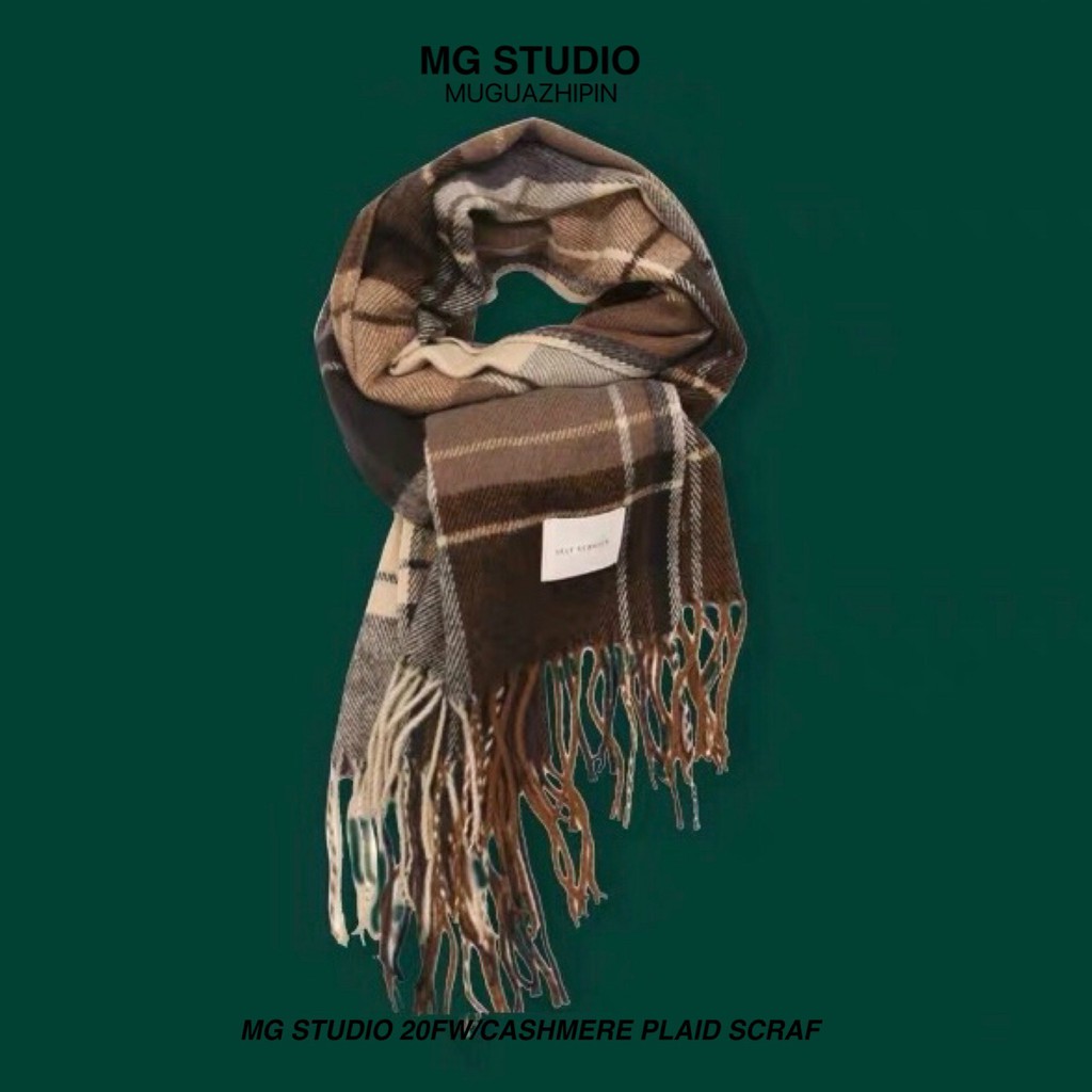 Khăn Choàng MG STUDIO Vải Cashmere Phối Tua Rua Họa Tiết Sọc Caro