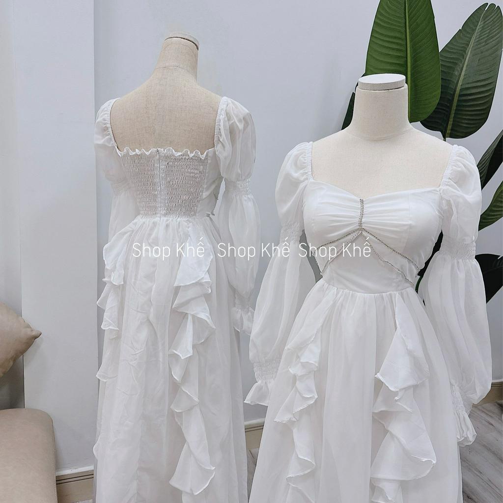 Đầm maxi voan trắng tay dài, đính đá quý phái, sang trọng, thích hợp đi tiệc, đi chơi biển