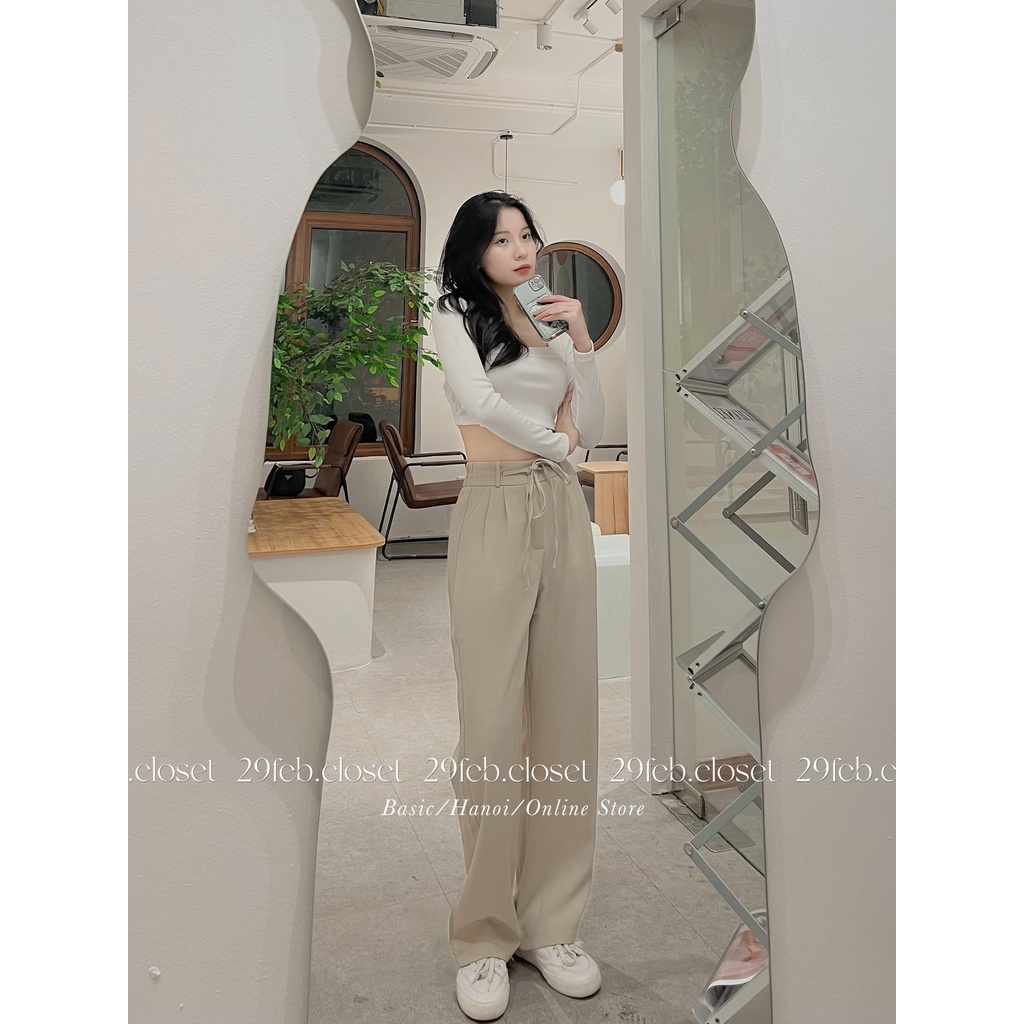 Quần ống suông 1 khuy cạp cao thắt nơ chất Ruby trượt hàn - 29feb.closet - Q38