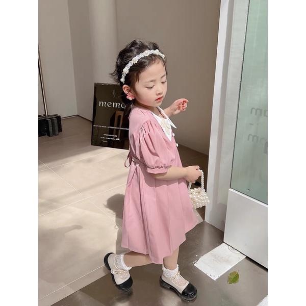 Xả Váy cổ nhọn thêu 2 màu cho bé gái