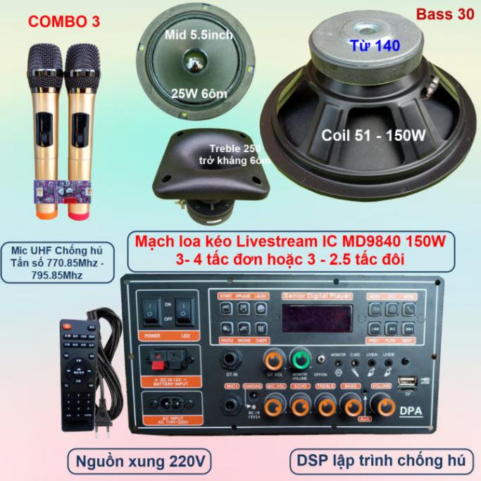Mạch loa kéo 3 tấc đơn 3 đường tiếng LIVESTREAM DSP lập trình chống hú IC MD9840 150W có nguồn xung