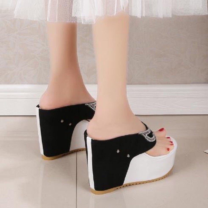 ⚡ Dép đế xuồng nữ chất nhung lì ép đá - Dép đế xuồng cao 10cm - Dép nữ màu đen - NA001