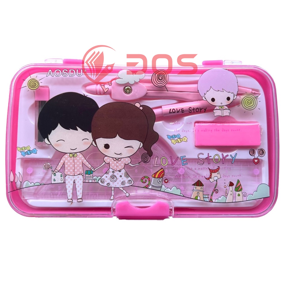 Bộ Compass 8 Món Chì Bấm Tiện Dụng AS-8007 In Hoạt Tiết Dễ Thương