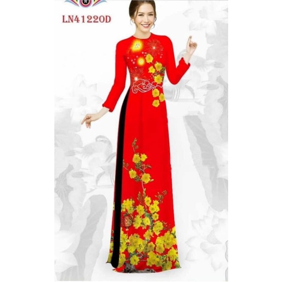 Áo dài lụa Nhật in họa tiết đỏ mai vàng