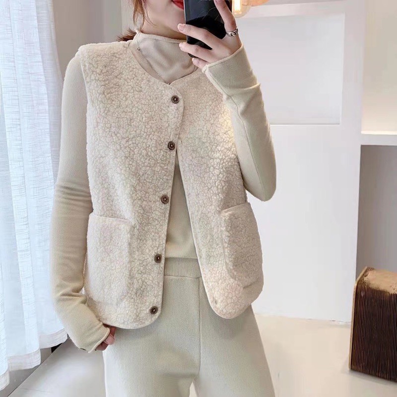 [hình thật] Áo gile (ghi lê) giả lông cừu style korea