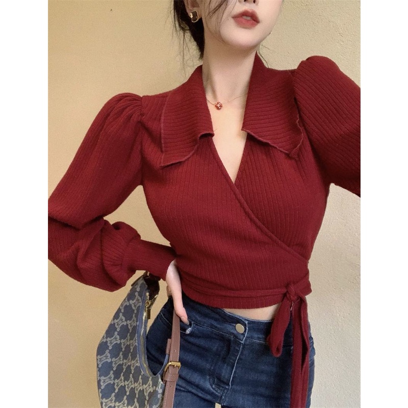 Áo Sơ Mi Dệt Kim Cổ Bẻ Thắt Nơ Phong Cách Mới Cho Nữ