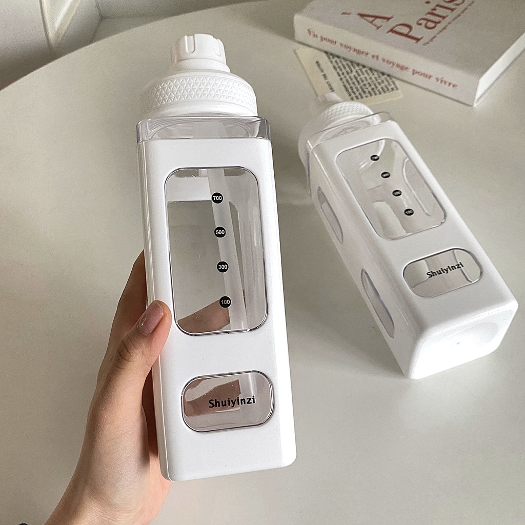Bình Nước Nhựa Trong Suốt Hình Vuông In Hình Gấu Dễ Thương Dung Tích Lớn Có Ống Hút Dùng Khi Đi Du Lịch