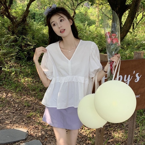 Áo Sơ Mi Tay Ngắn Phồng Cổ Chữ V Thời Trang Dành Cho Nữ