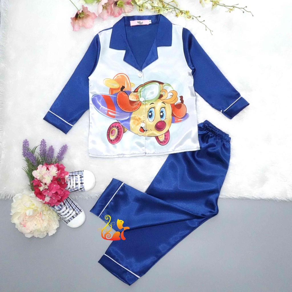 Đồ Bộ Pijama Phi Lụa &quot;Hình Máy Bay&quot; Tay Dài Cho Bé - Từ 12kg - 42kg.